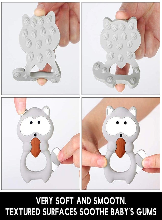 AmazingM Baby Food Grade Silicone Teether Toy with One Piece Design Pacifier Clip Holder,Teething Toys Gift Set for 3 Months+ Boys and Girls,Freezer Safe,BPA Free. (Gray Raccoon) - Image 2